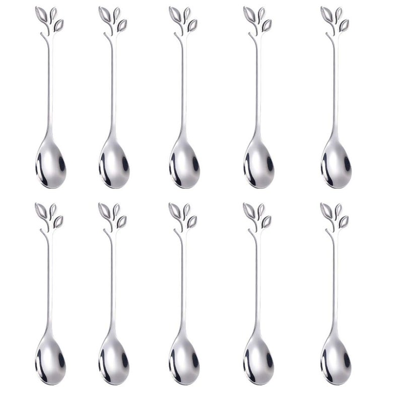 AnSaw Elegant Silver Leaf Coffee Spoons - 10-Piece, 4.7" Mini Stainless Steel Espresso & Dessert Tea Spoons, Perfect for Demitasse & Small Servings - Image 1